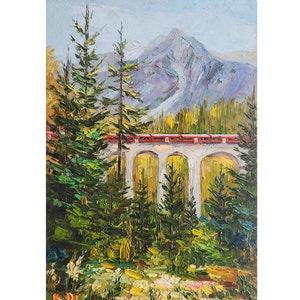 Swiss Oil Paintings Switzerland Landscape Painting Rhaetian Railway Red Train Railway Painitng 12 by 8 inch