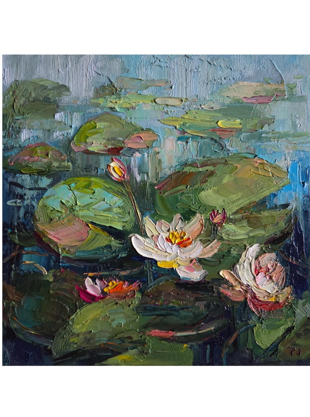 Water Lilies Oil Painting Pond Art Original Impasto Artwork 10 by 10 In ...