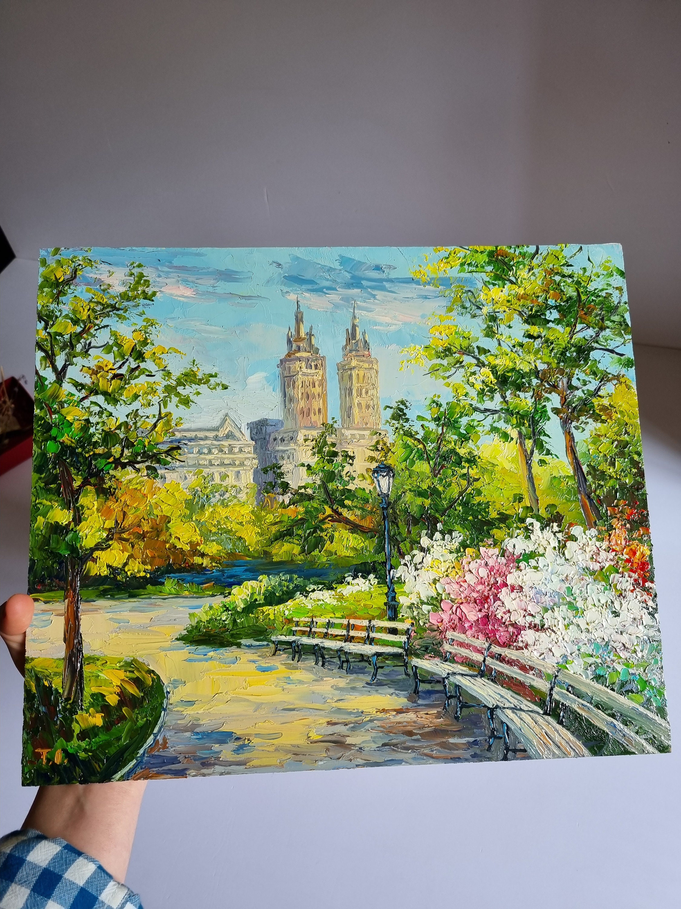 油絵 絵画 【flower park】 Central Park Painting New York Original Art Spring Flower