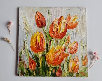 チューリップの油絵：カラフルな花のインパスト、6x6インチ - Etsy 日本
