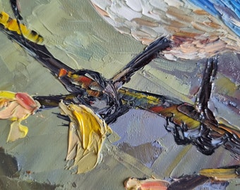 青い鳥の油絵、かわいい静物画、モダンな室内装飾（8 x 6インチ