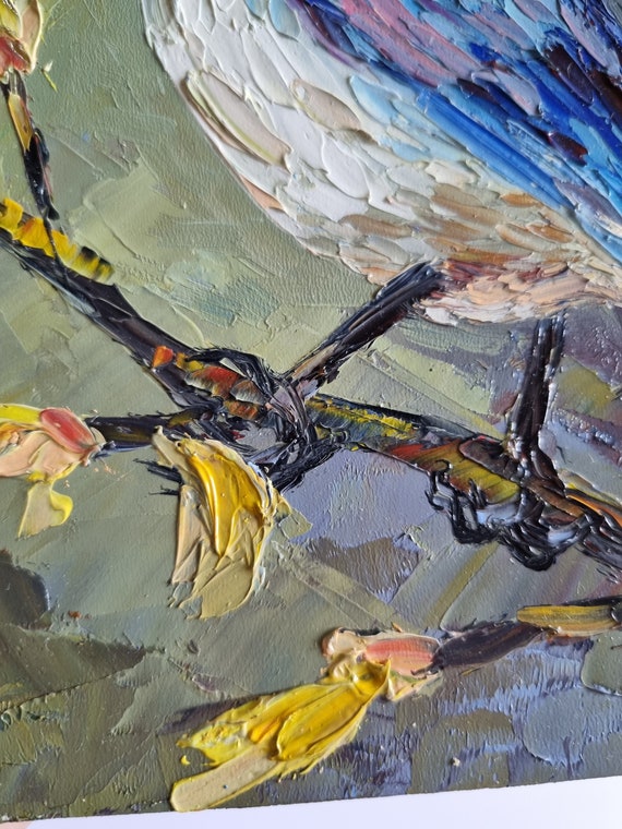 青い鳥の油絵、かわいい静物画、モダンな室内装飾（8 x 6インチ