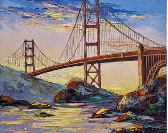 Golden Gate Bridge Oil Painting, San Francisco Seascape, 13x13 Inches
