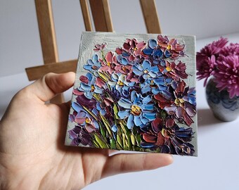 忘れな草の油絵：パレットナイフの花のアート（4x4インチ） - Etsy 日本