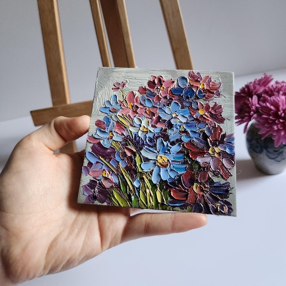 忘れな草の油絵：パレットナイフの花のアート（4x4インチ） - Etsy 日本