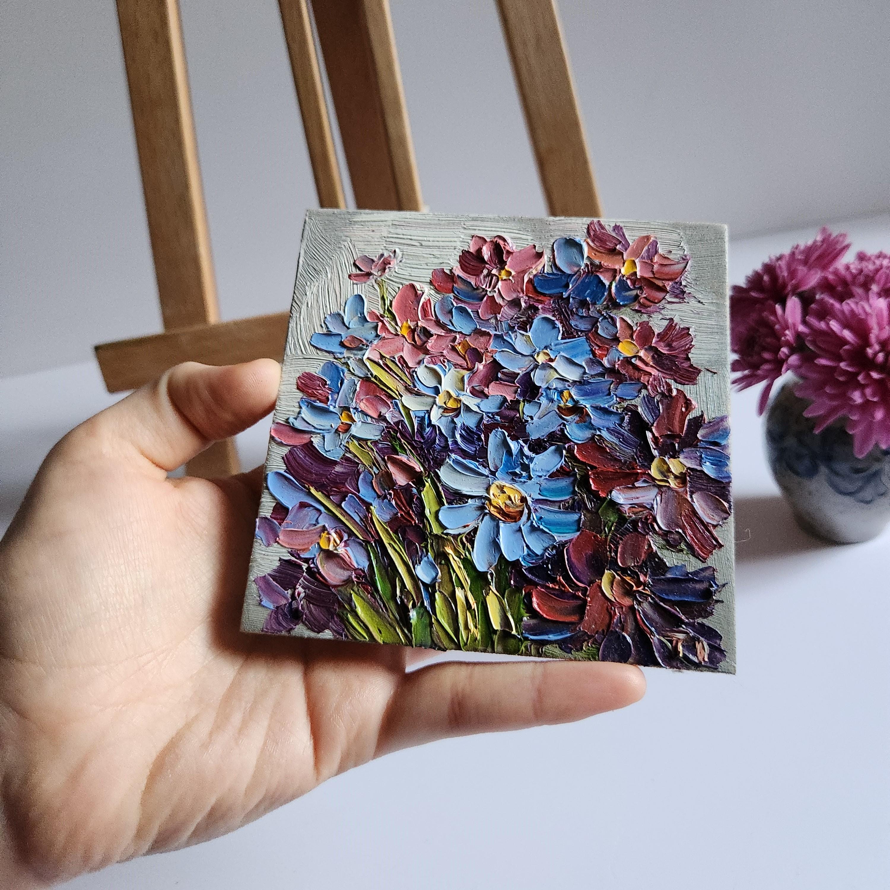 忘れな草の油絵：パレットナイフの花のアート（4x4インチ） - Etsy 日本
