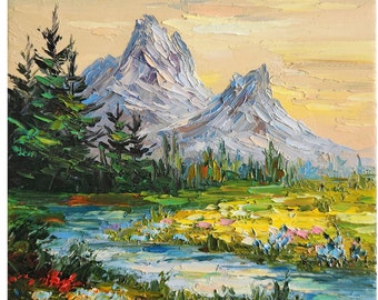 Grand Teton Oil Painting, Wyoming Mountain Landscape Art (8x8 inches)
