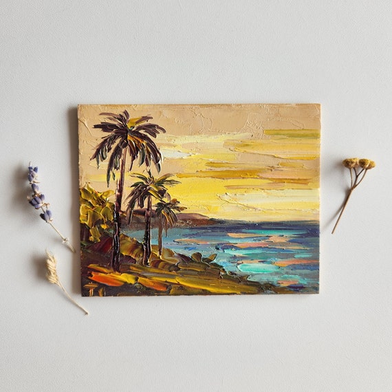 ハワイの海景油絵、オリジナルビーチサンセットアート（4 x 5インチ