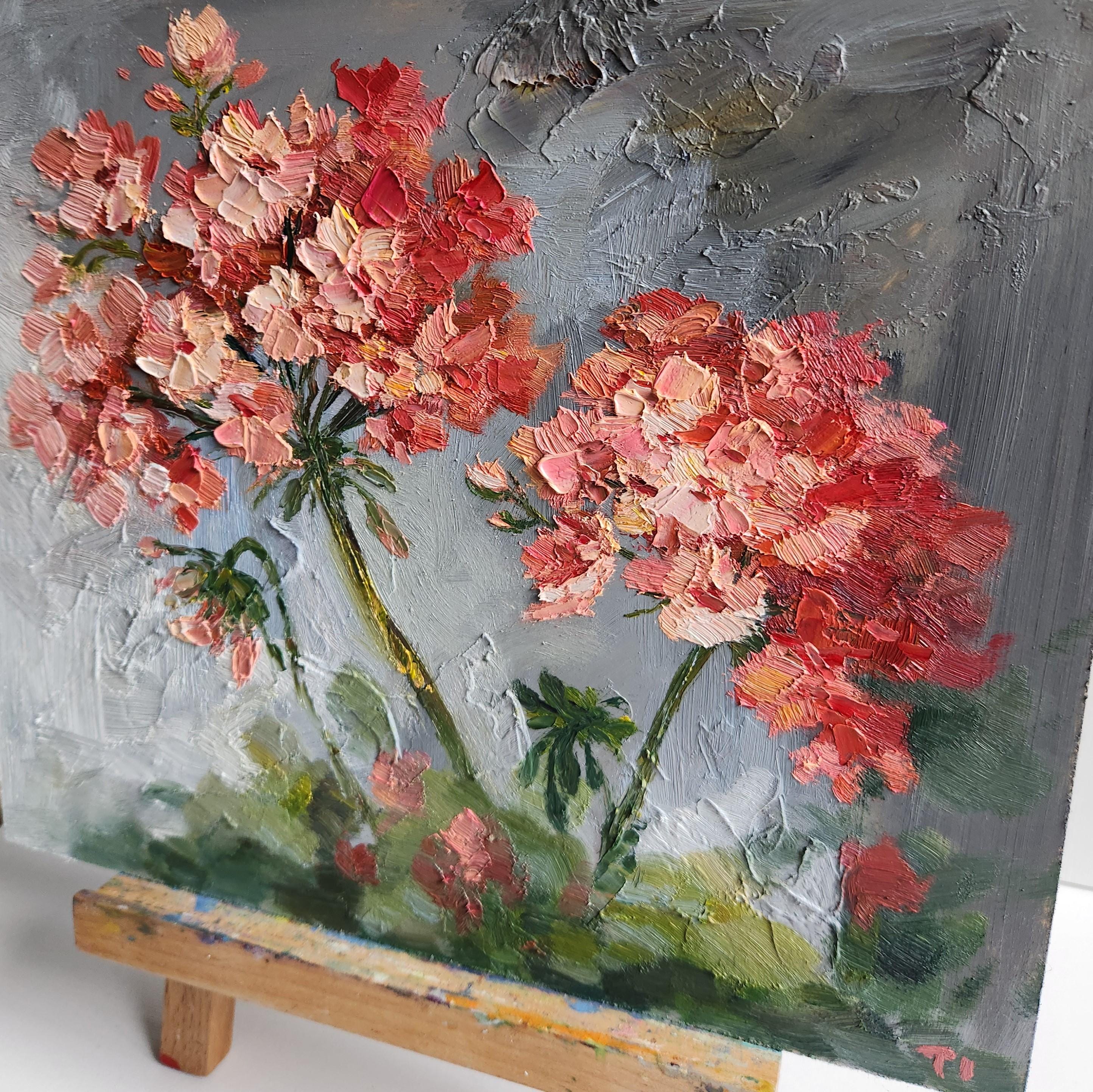 ゼラニウムのインパスト油絵：赤い花の壁アート（11 x 13インチ