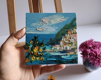 Original Positano Oil Painting Lemon Tree Painting Oil Painting coast art Amalfi Coast Italy Landscape Wall Art Landscape Painting 4 by 4 in