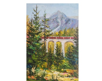 Swiss Oil Paintings,Switzerland Landscape Painting,Rhaetian Railway,Red Train,Railway Painitng,12 by 8 inch