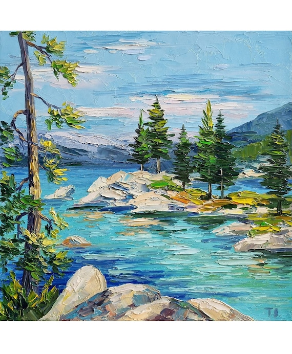 自作油彩画　油絵　風景画　湖　森 川 自作油彩画油絵風景画湖森 川