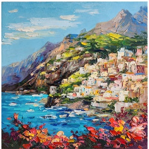 Positano Painting Amalfi coast art Amalfi Coast Italy Landscape Floral Wall Art Landscape Painting