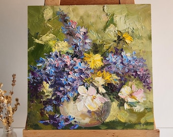 Lilac Bouquet Oil Painting, Spring Floral Still Life, Impasto Art (10x10 in)