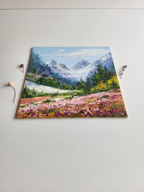 オリジナルアルプス山の風景油絵 夏の花畑の厚塗り絵画 6 x 6インチ
