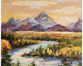 Tableau Grand Teton, petit tableau, lac Grand Teton, parc national du Wyoming, art montagne coucher de soleil, art mural, 10 x 10 pouces