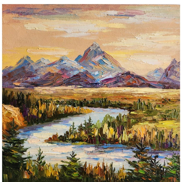 Grand Teton Painting,Small Painting,Lake Grand Teton,National Park Wyoming,Sunset Mountain Art ,Wall Art,10 by 10 inches