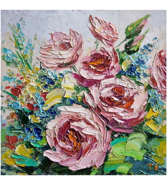 Rose Oil Painting Flower Bouquet Painting Floral Impasto Oil