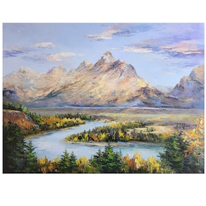 Grand Teton Painting Large Canvas Painting Lake Grand Teton National Park Wyoming Sunset Mountain Art Wall Art