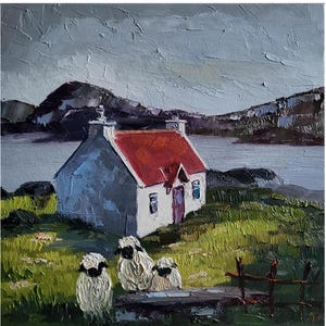 Original Scotland Landscape Oil Painting Cabin Painting Painting Scotland Landscape Sheep painting Wall Art 10 by 10 in