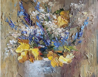 カモミールとデイジーの油絵：夏の庭の静物画、8x6インチ - Etsy 日本