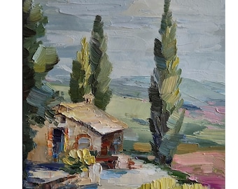 Italian Villa Landscape Oil Painting, Tuscany Wall Art 10x8