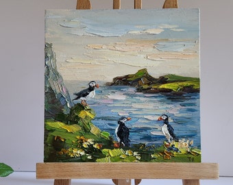 Original Iceland Oil Painting Puffin Painting Iceland landscape  Iceland islands  Westman island painting wall art 8 by 8