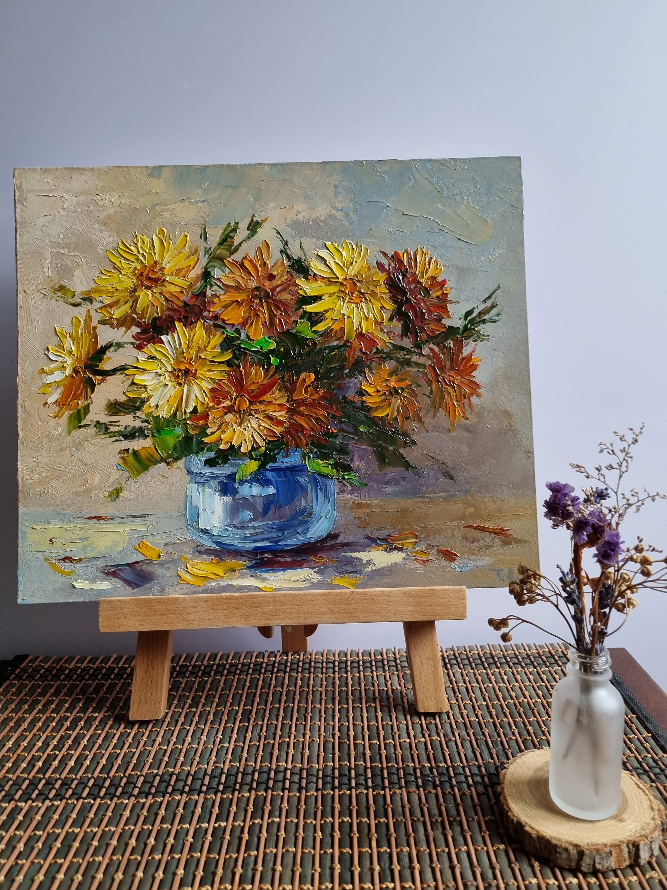 菊の油絵、インパストフラワーブーケアート（11 x 13インチ） - Etsy 日本