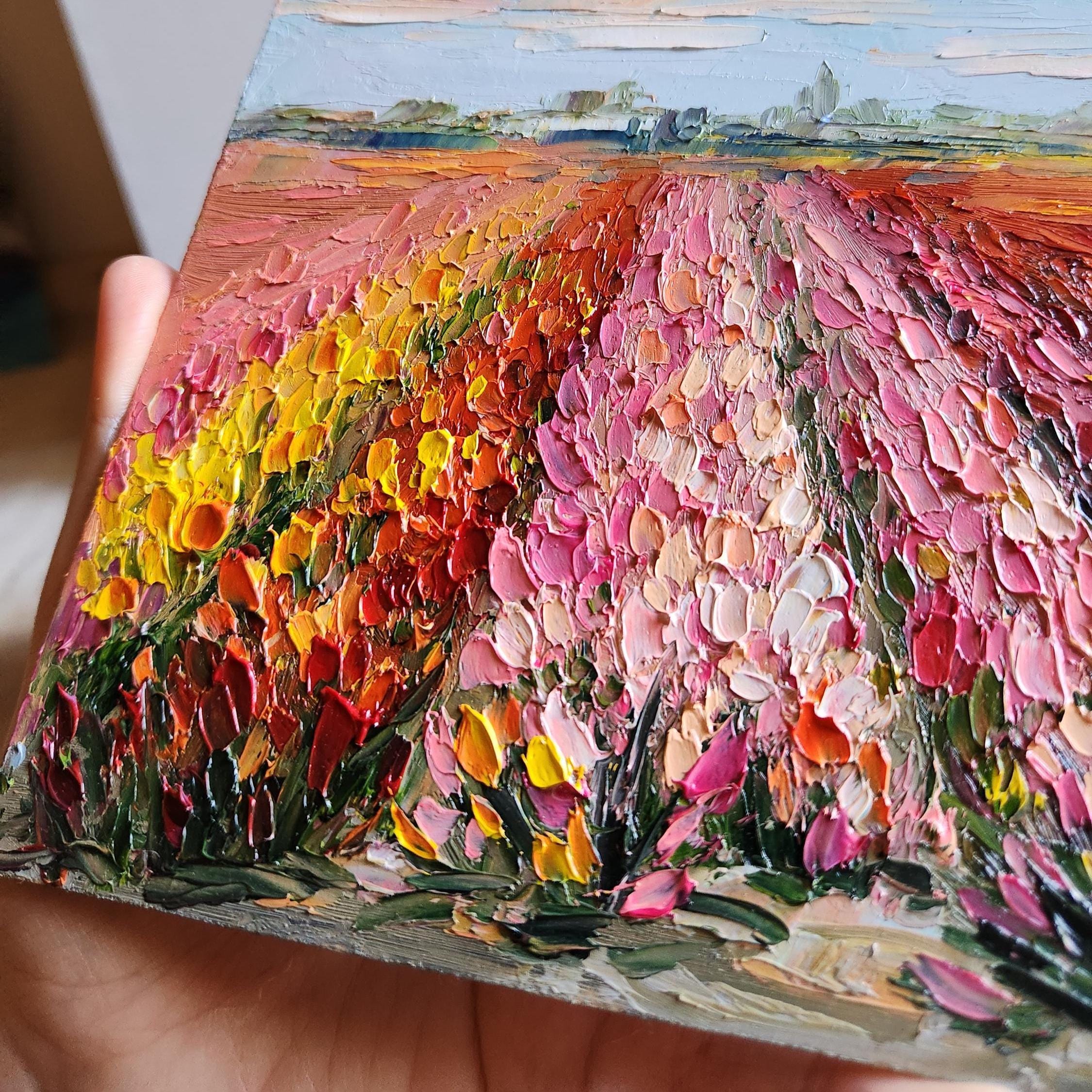 オランダのチューリップ畑の油絵：カラフルな風景画、8 x 8インチ