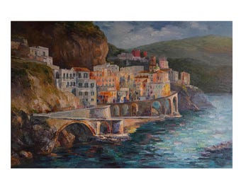 Large Amalfi Coast Oil Painting: Impasto Cityscape Art, Italy, 24x36