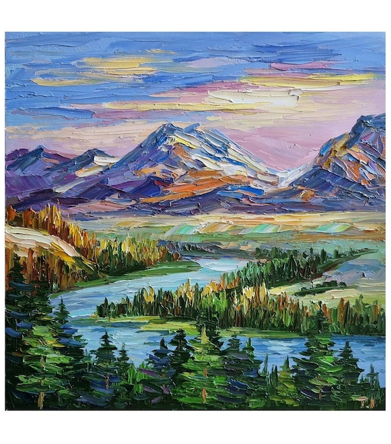 Grand Teton Painting, Wyoming Mountain Landscape, Palette Knife