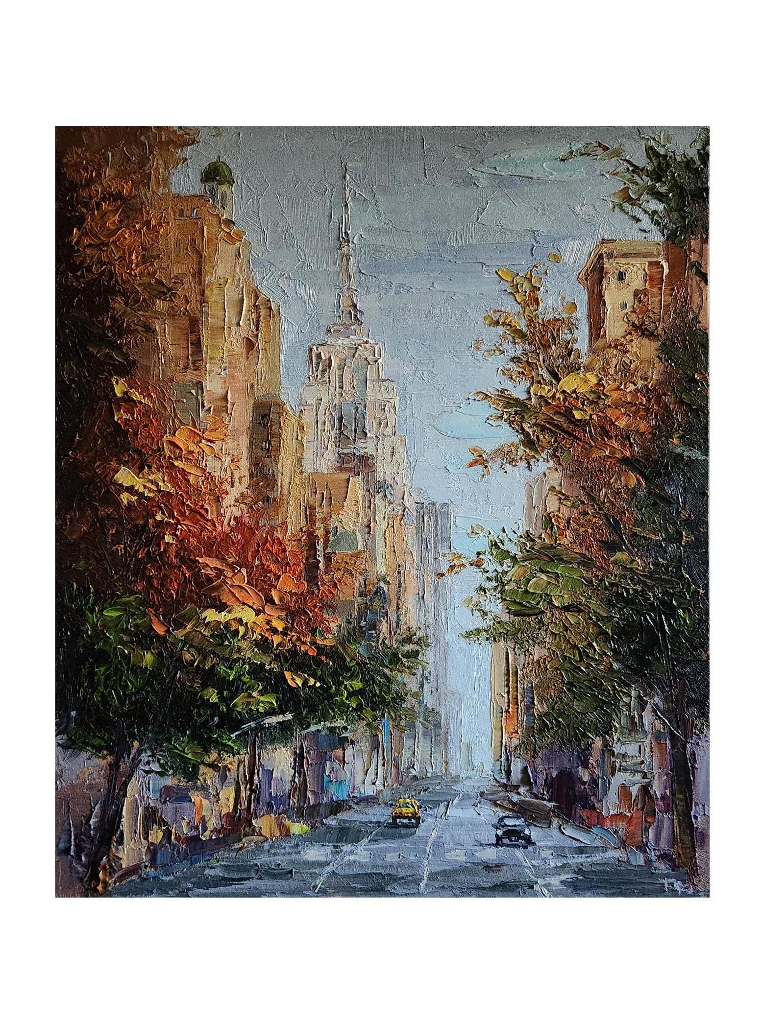 New York Fall Oil Painting: Cityscape Palette Knife Art (13x11 In