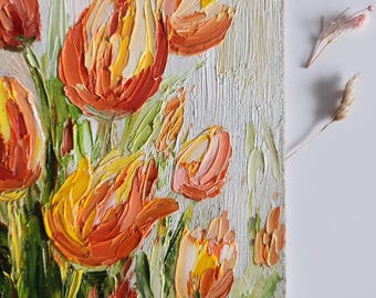 油彩画 チューリップ チューリップの油絵：カラフルな花のインパスト、6x6インチ - Etsy 日本