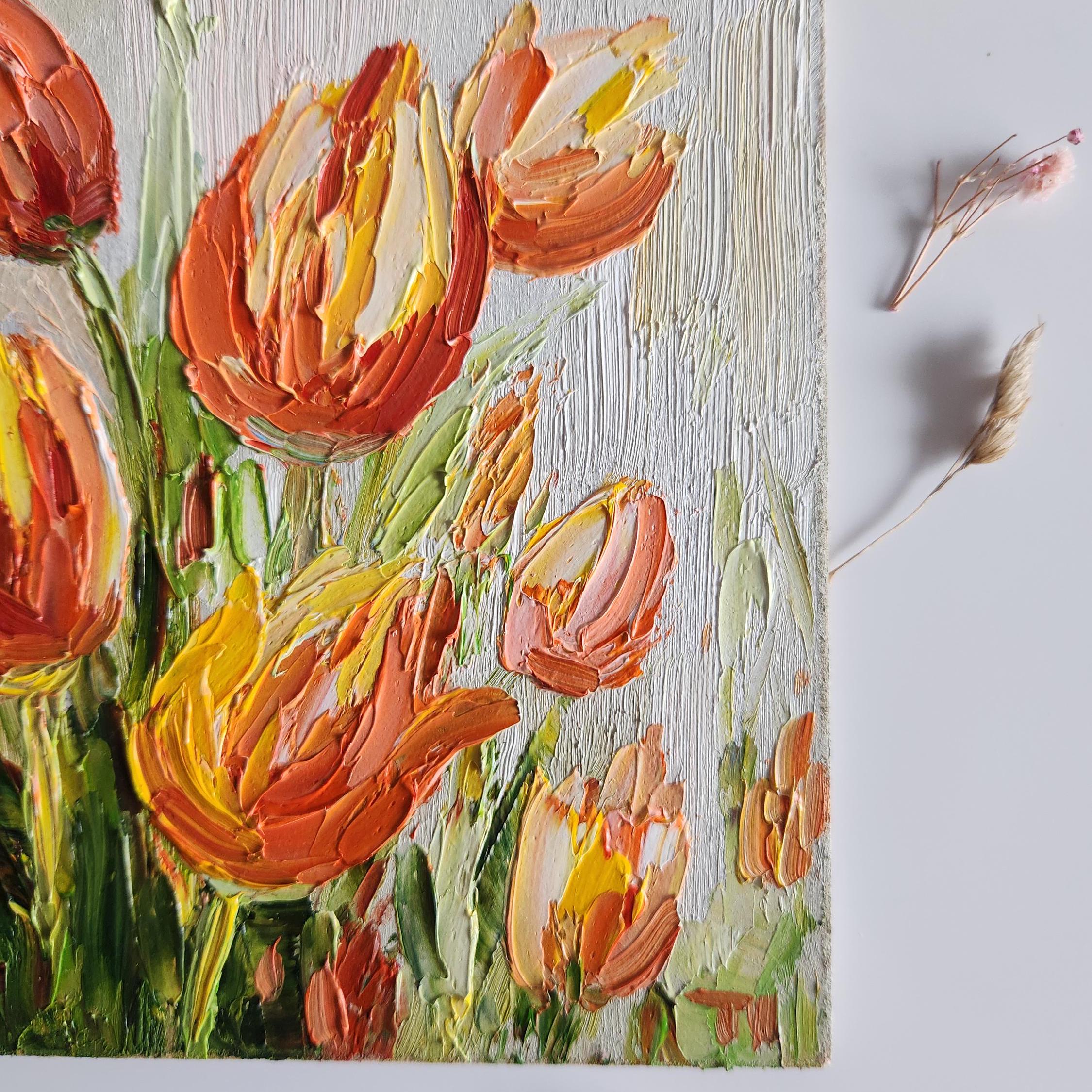 チューリップの油絵：カラフルな花のインパスト、6x6インチ - Etsy 日本