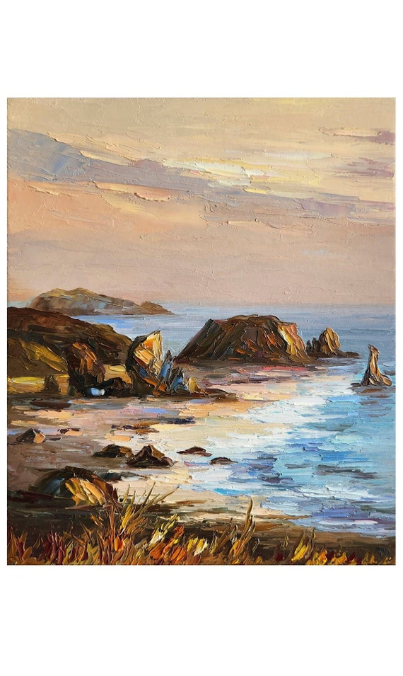 大迫力 夕暮れの海岸と町並みの絵画 大迫力夕暮れの海岸と町並み