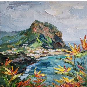 Dipinto ad olio con paesaggio marino di Madeira, arte costiera in impasto (10x10 pollici)