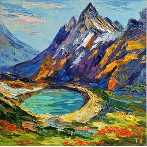Pintura a óleo argentina Pintura argentina Paisagem argentina Pintura de lago Montanha Floral Arte de parede 10 por 10 polegadas