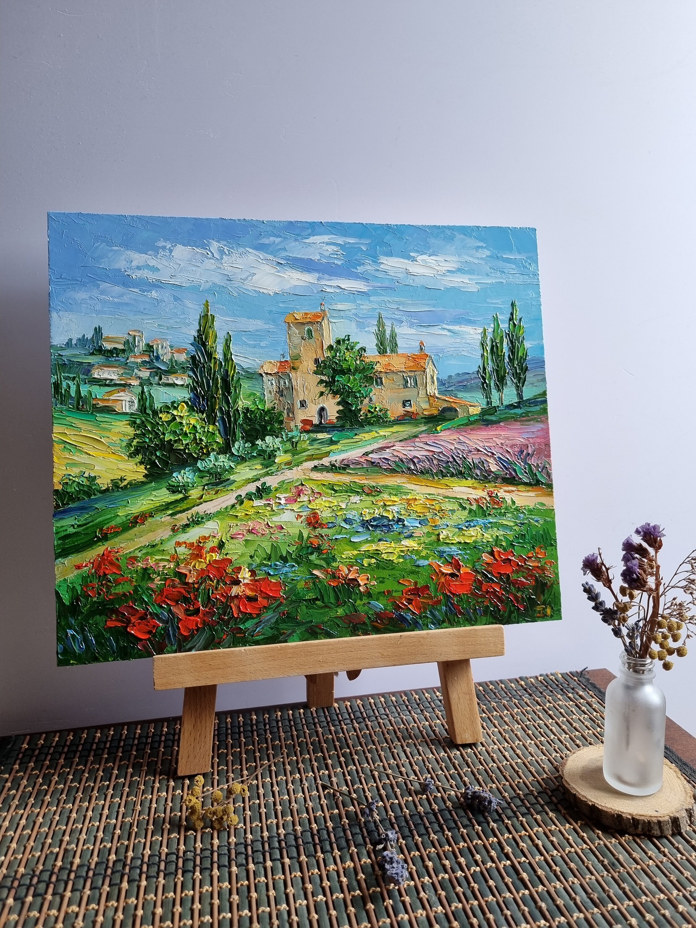 トスカーナのポピー畑の油絵、花の風景画（11x13） - Etsy 日本