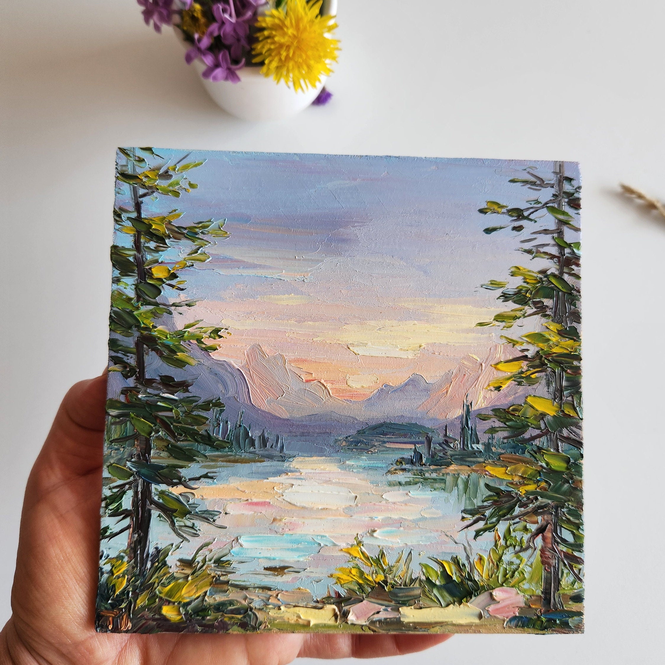 国立公園の油絵：6x6の山の風景画 - Etsy 日本