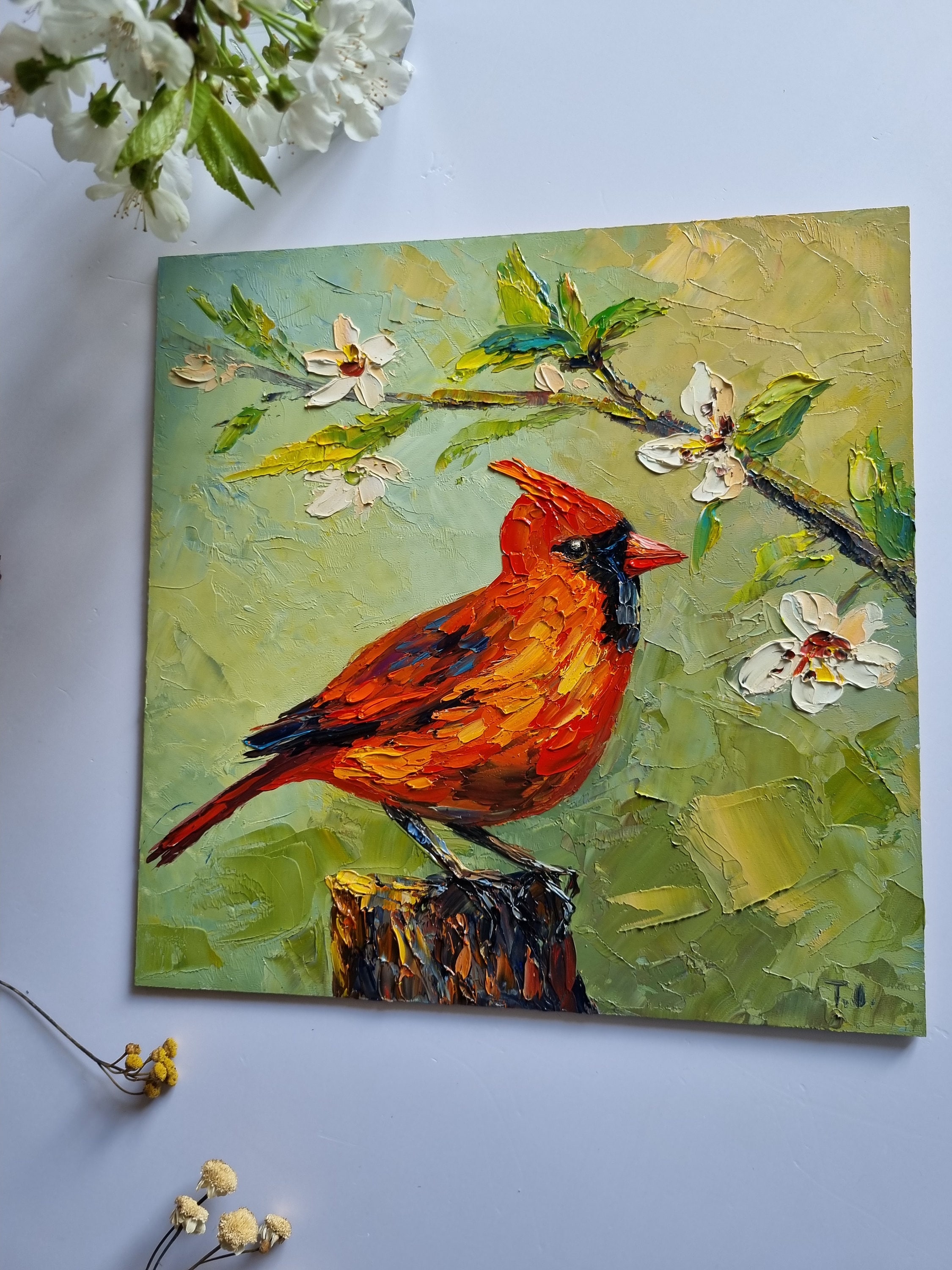 カーディナルペインティング オリジナル鳥の絵画 赤い鳥の油絵