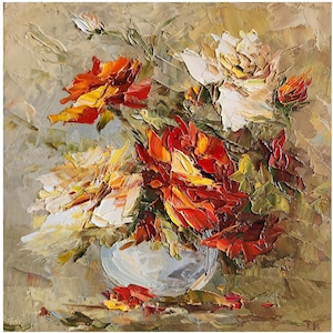 Original Rose Painting Flower Bouquet Floral Impasto Oil Impasto Small Painting Flower Art Nursery Wall Art 10 by 10 inches