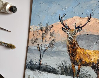オリジナルの鹿の油絵：ジャスパー風景野生動物アート（10 x 10インチ