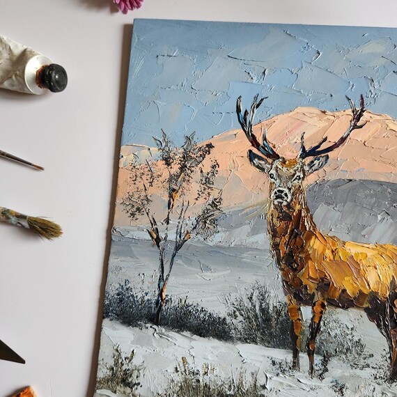 オリジナルの鹿の油絵：ジャスパー風景野生動物アート（10 x 10インチ