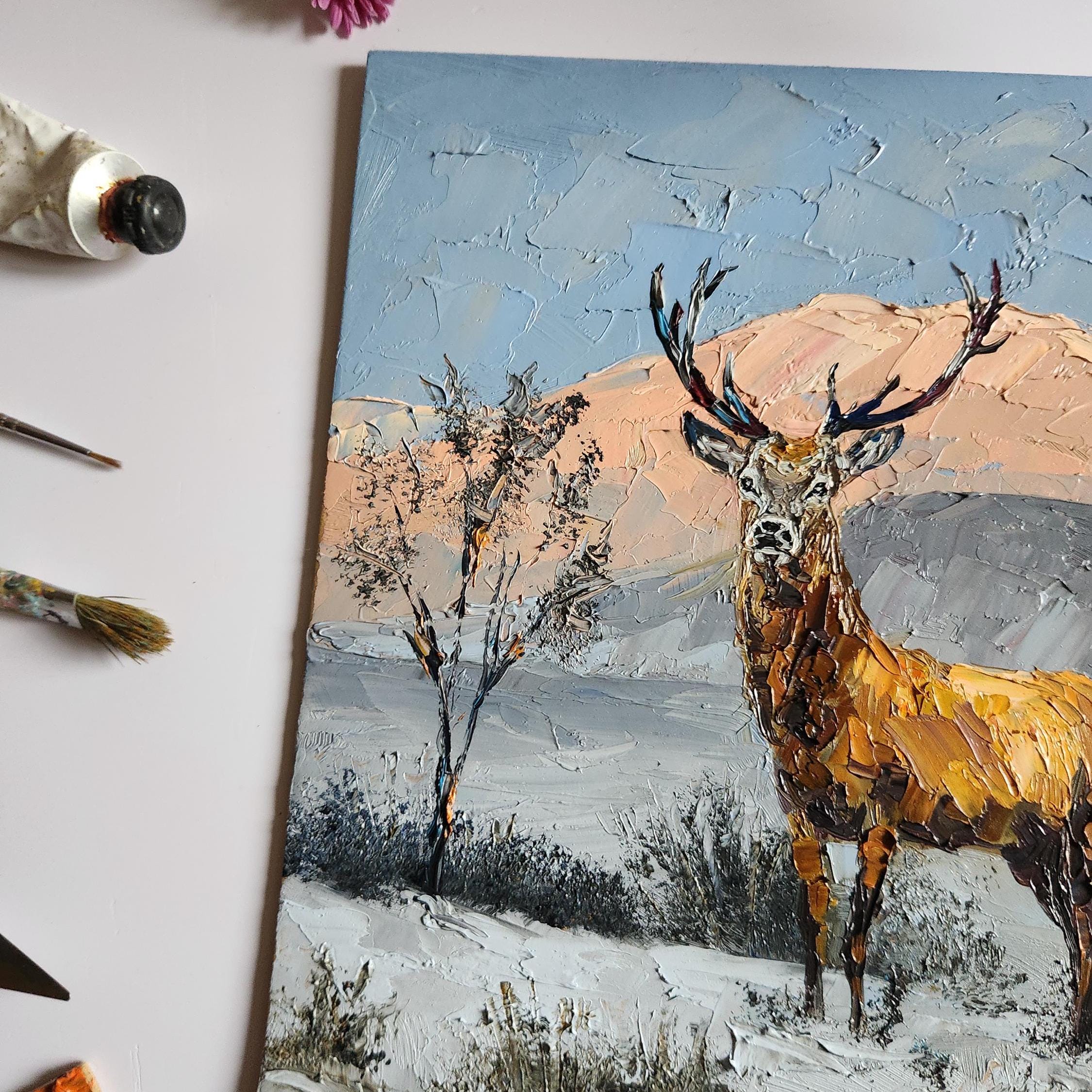 オリジナルの鹿の油絵：ジャスパー風景野生動物アート（10 x 10インチ