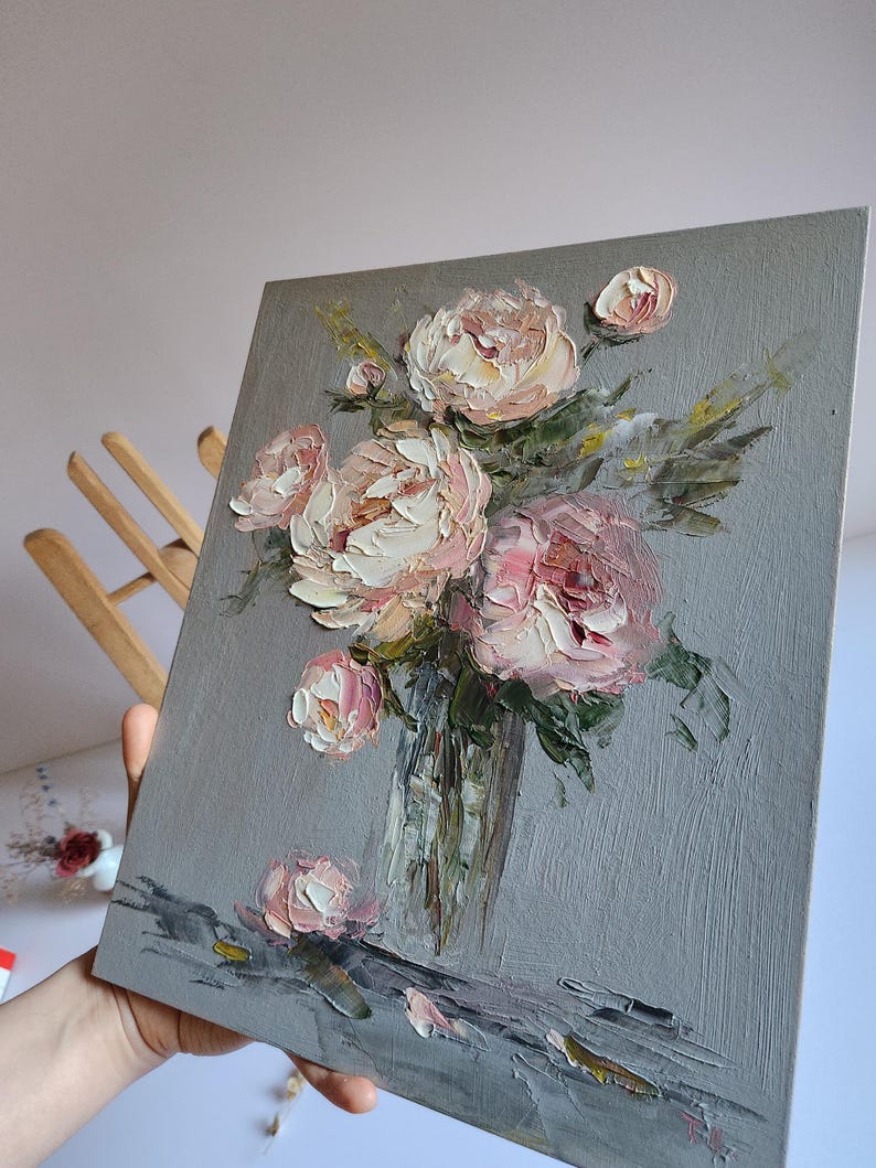 Pink Peony Oil Painting: Impasto Floral Wall Art (12x10 Inches) - Etsy