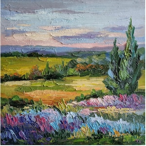 Tuscany Oil Painting original abstract italian oil painting tuscany landscape impasto lavender field 13 by 13 in