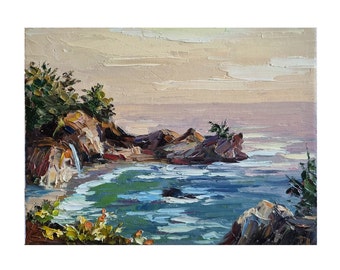 Pittura di McWay Falls, Arte murale di montagna e oceano, Pittura di Big Sur Monterey, Pittura a olio Scogliera, Decorazione murale di pittura di paesaggio 6 x 8 pollici