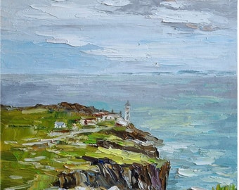 May include: A painting of a seascape with a lighthouse on a cliff. The sky is a light blue with white clouds. The sea is a light blue and green. The cliff is a dark green and brown.