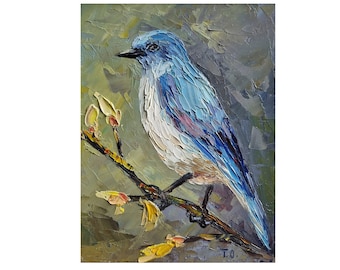 Original Bird Painting,Blue Bird Oil Painting , Cute Still Life Painting of Little Bird,Home Decor,8 by 6 inches