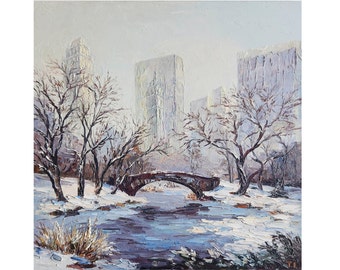 Central Park Painting,New York Original Art,Park Landscape Painting,Winter Painting,Imasto Painting,Christmas Gift,13 by 13 inches